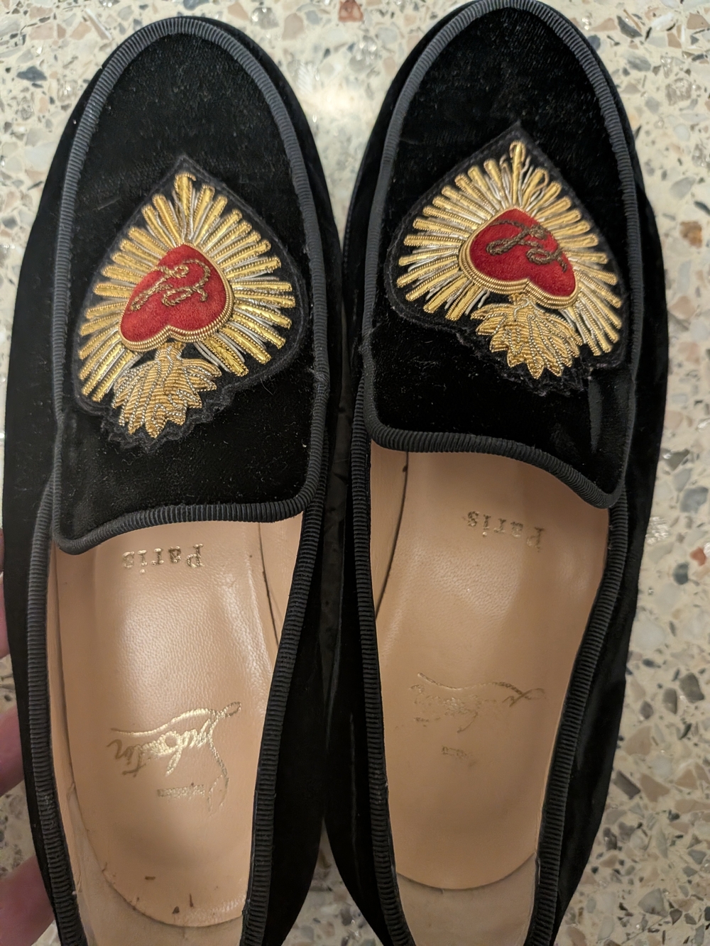 Christian Louboutin Black Velvet Loafers with Gold & Red Embroidered Heart 4